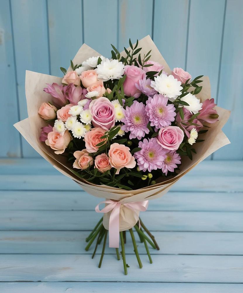 Букет цветов из: Хризантемы, Розы и Альстромерии в Крымгиреевском