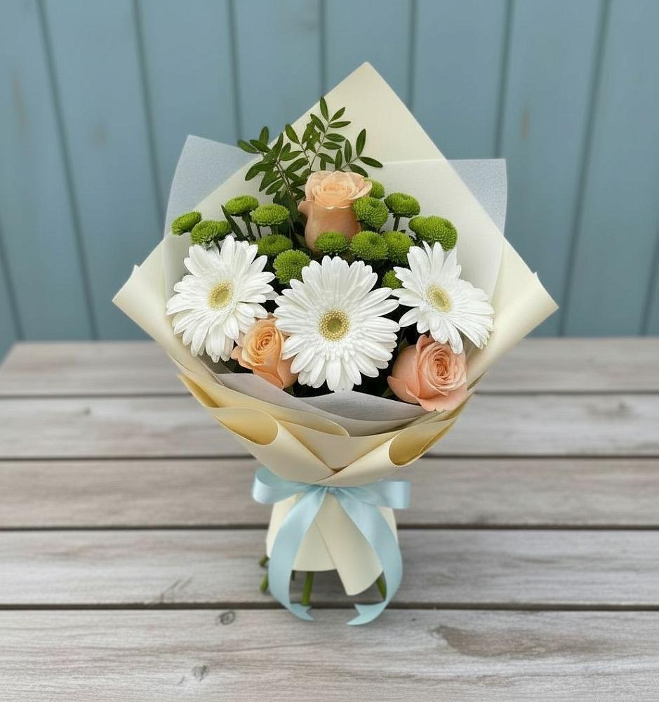 Букет цветов из: Герберы, Розы и Хризантемы в Крымгиреевском