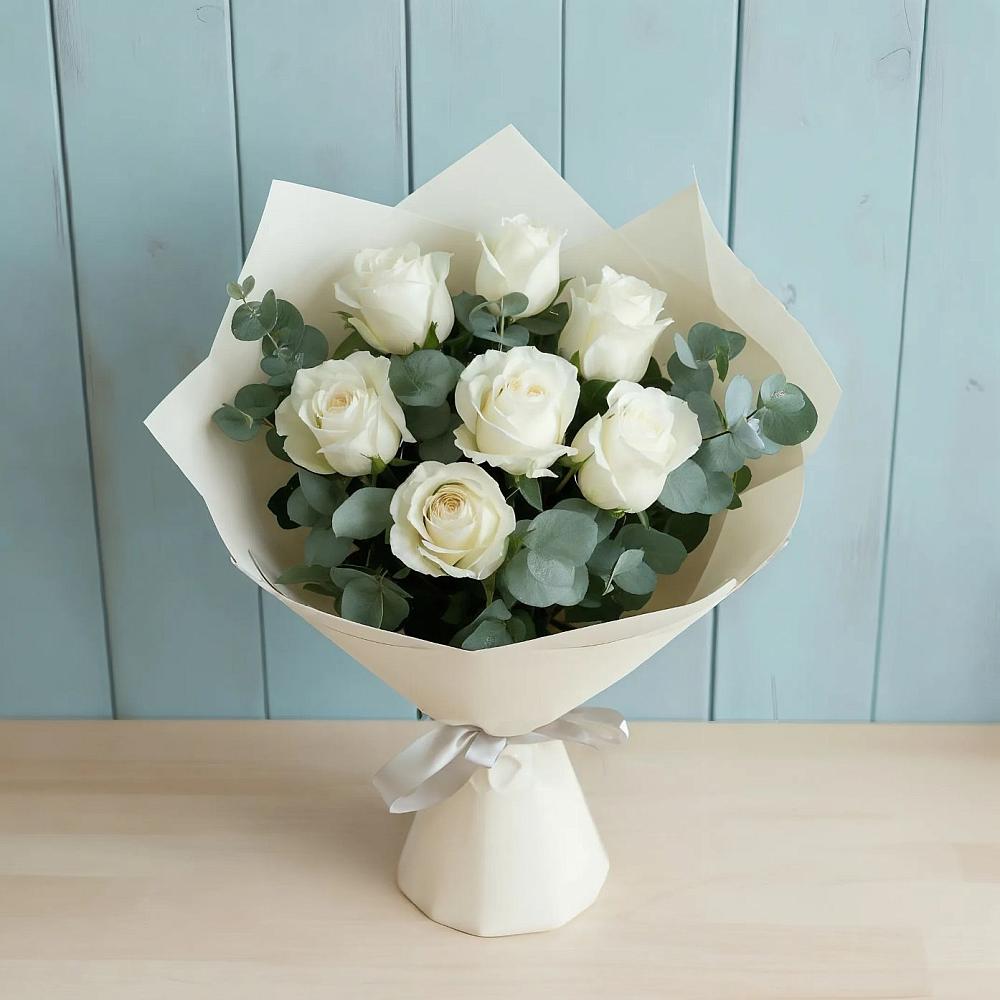 Букет Белые розы в Эвкалипте в Крымгиреевском